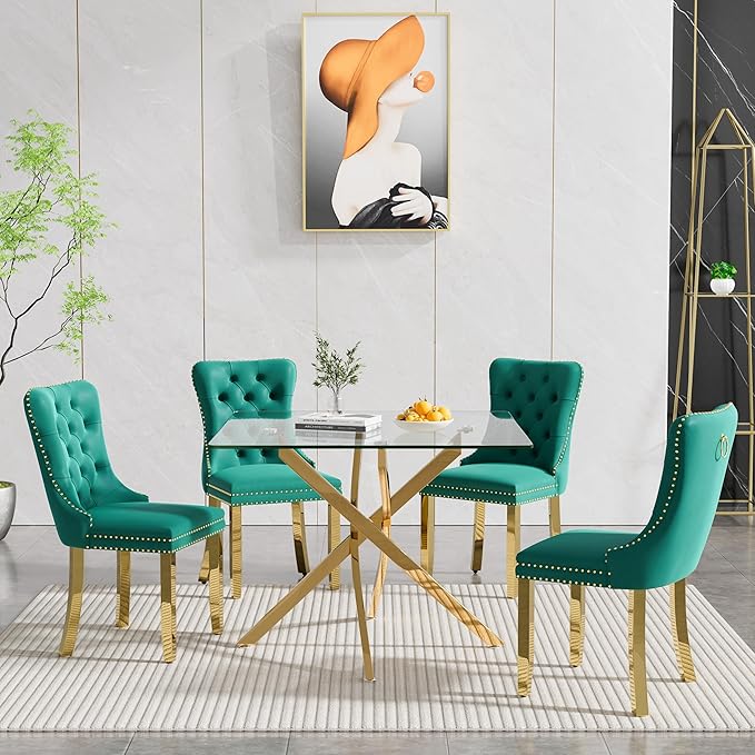 Goujxcy Glass Dining Table Set for 4, Modern Kitchen Table and Chairs Set of 4, 5-Piece Kitchen Dining Room Table Set w/36 Square Gold Glass Dining Table and 4 Green Velvet Upholstered Chairs