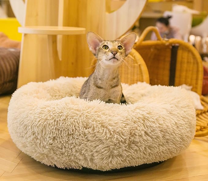 Calming Cat Bed - Anti Anxiety Round Fluffy Plush Faux Fur, Washable 23 inches Small Dog & Cat Bed