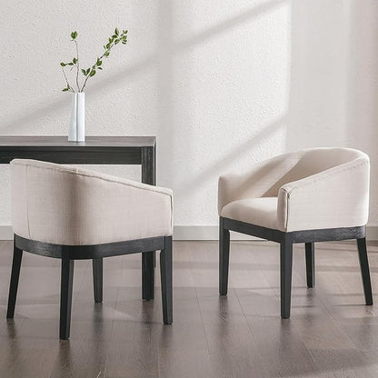 Mid-Century Modern Beige Dining Chairs Set of 8, Linen Upholstered Kitchen Dining Room Chairs with Black Wood Legs, Curved Backrest Armchairs, Beige
