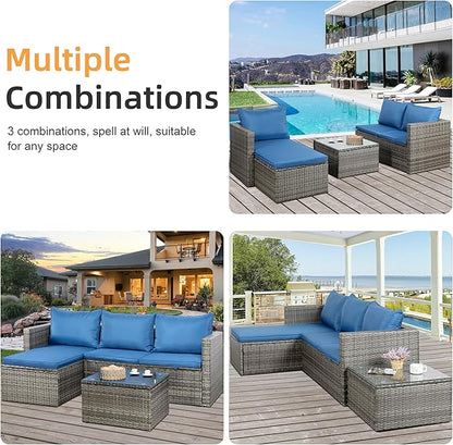 Shintenchi Outdoor Patio Furniture Sets, Small Outdoor Sofa Patio Sectional Sets 3-Piece All Weather Wicker Rattan Patio Seating Sofas with Glass Coffee Table and Cushion (Blue)