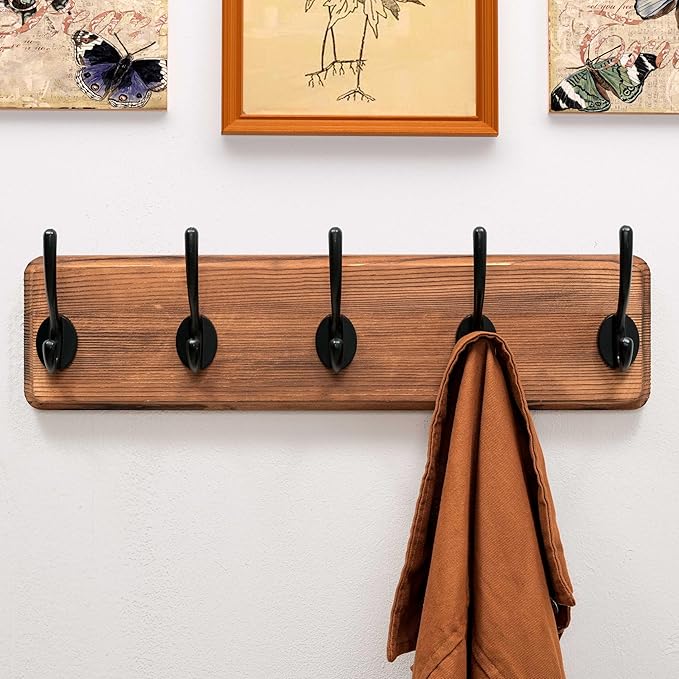 Dseap Wall Mounted Coat Rack: Patented, Heavy-Duty, 17.4" Long 5-Double-Hooks Wooden Hanger Rail for Winter Coats, Hat, Jacket, Clothing - Natural & Black, Pack of 2