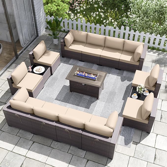 Kurapika 15 Pieces Patio Furniture Set, Rattan Wicker Outdoor Conversation Sets w/43in Propane Fire Pit Table and 4 Inch Cushion(Sand)