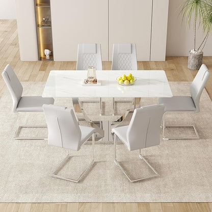 AZmac 63" Modern Dining Table Set for 6, White Dining Room Set for 6, Tempered Glass Kitchen Table and PU Leather Chairs, Marble Pattern Top with Sturdy Silver Chrome Base