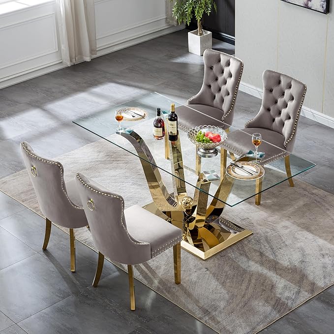 70" Modern Gold Glass Dining Table Set for 4, 5-Piece Rectangle Kitchen Dining Room Table Set with Steel Base & 4 Grey Velvet Upholstered Chairs, Modern Glass Kitchen Table and Chairs Set of 4