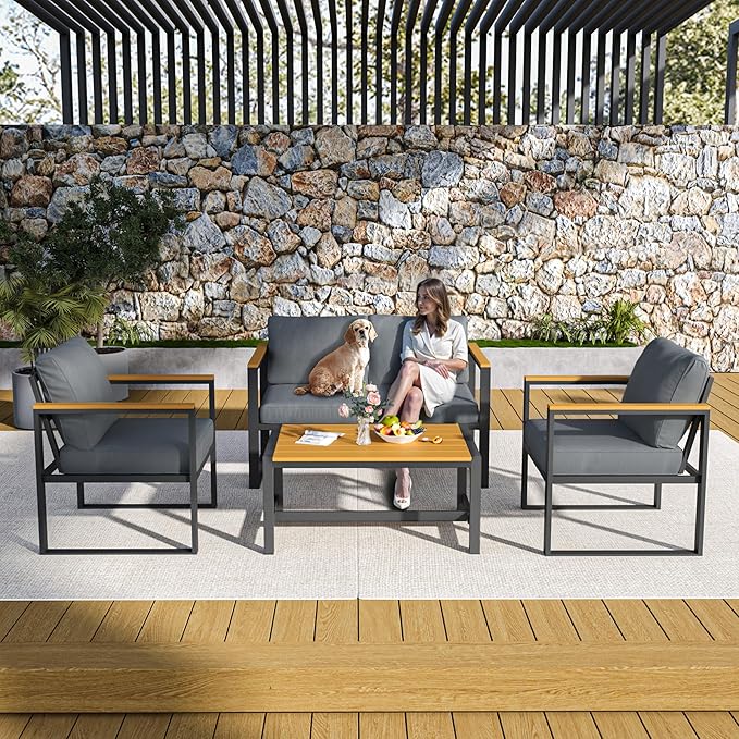 Pamapic 4 Pieces Outdoor Patio Furniture Set, Modern Metal Balcony Furniture with Plastic-Wood Coffee Table, All-Weather Patio Conversation Set with Thick Cushion for Balcony, Porch, Gray