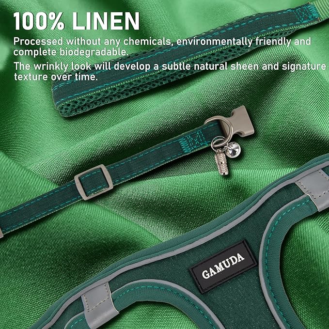 GAMUDA Small Pet Harness Collar and Leash Set, Step in No Chock No Pull Linen Fabric Soft Mesh Dog Vest Harnesses Reflective for Dogs Puppy Cats Kitten Rabbit (Green, M)