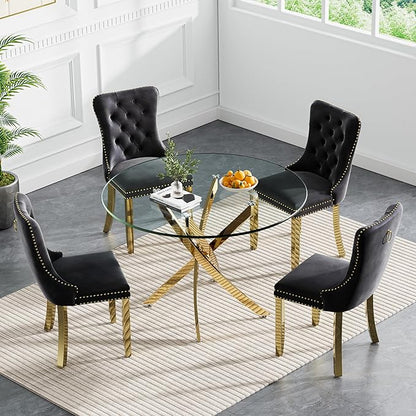 Goujxcy 5 Piece Round Glass Dining Table Set for 4, 36" Round Dining Table & Chair Set Modern Circle Glass Kitchen Table and 4 Velvet Upholstered Chairs for Kitchen Dining (Gold Table & Black Chair)