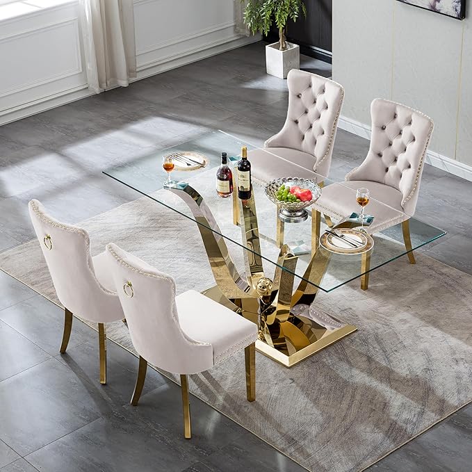 70" Modern Gold Glass Dining Table Set for 4, 5-Piece Rectangle Kitchen Dining Room Table Set with Steel Base & 4 Beige Velvet Upholstered Chairs, Modern Glass Kitchen Table and Chairs Set of 4
