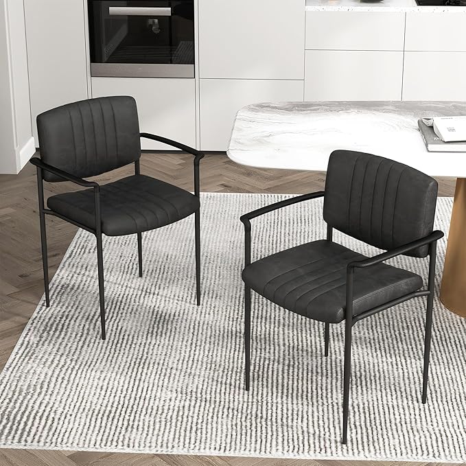 Mid-Century Modern PU Leather Dining Chairs Set of 6, Upholstered Kitchen Chairs with Arms and Metal Legs Adjustable Feet for Kitchen Dining Room(Black)