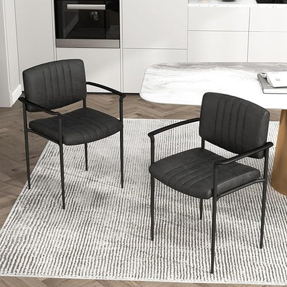 Mid-Century Modern PU Leather Dining Chairs Set of 6, Upholstered Kitchen Chairs with Arms and Metal Legs Adjustable Feet for Kitchen Dining Room(Black)