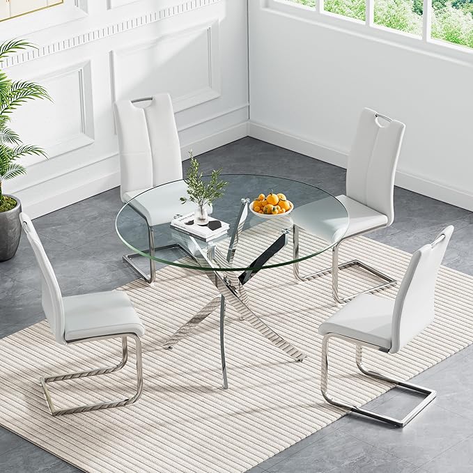 Goujxcy 5 Pieces Round Dining Table Set for 4, Modern Silver Glass Kitchen Table and Chairs for 4 with Upholstered Chairs, Circle Coffee Dining Table Set for Small Space,Apartment,Office