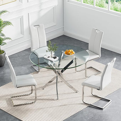 Goujxcy 5 Pieces Round Dining Table Set for 4, Modern Silver Glass Kitchen Table and Chairs for 4 with Upholstered Chairs, Circle Coffee Dining Table Set for Small Space,Apartment,Office