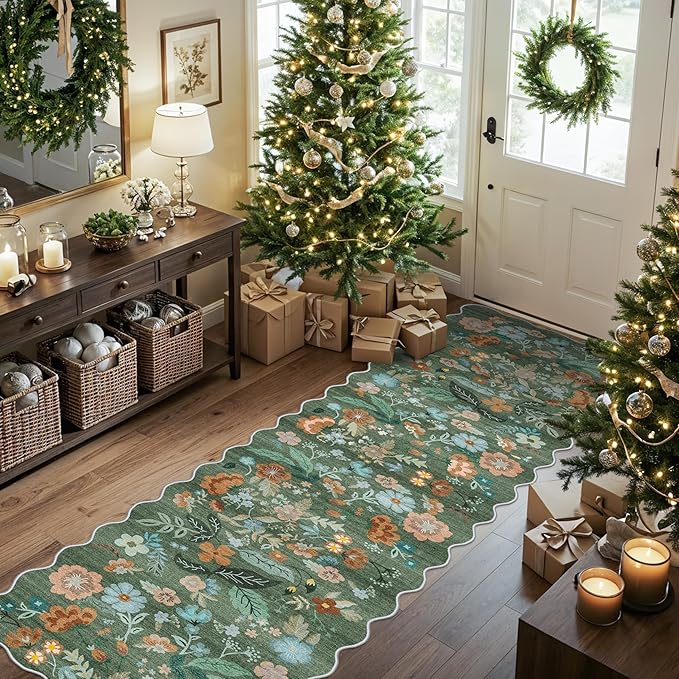 Washable 2x8 Hallway Runner Rug: Water-Resistant Kitchen Rug Soft Bedroom Carpet Non-Slip Indoor Hardwood Floor Mat for Entryway Bathroom Dining Room Boho Decorative Home Decor(2x8, Floral/Green)
