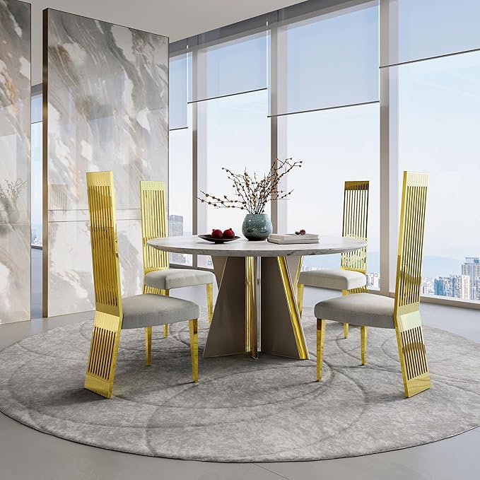 White and Gold Dining Chairs Set of 10, Upholstered Dining Room Chairs, Modern Luxury Chairs with High Back and Polished Gold Metal Legs for Kitchen/Living Room/Restaurant