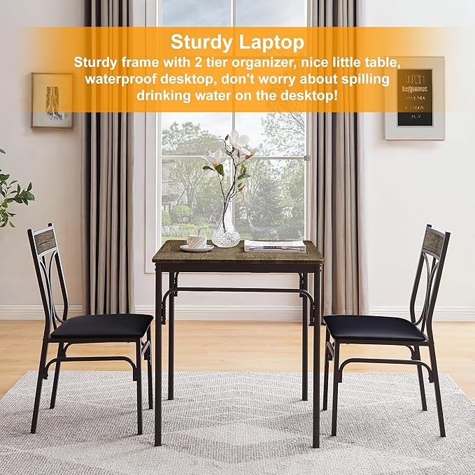 VECELO 3 Piece Dining Table Set for 2, Kitchen Table Set with 2 Chairs for Small Space, Space-Saving and Modern Design, Apartment, Easy to Assemble,Classic Brown