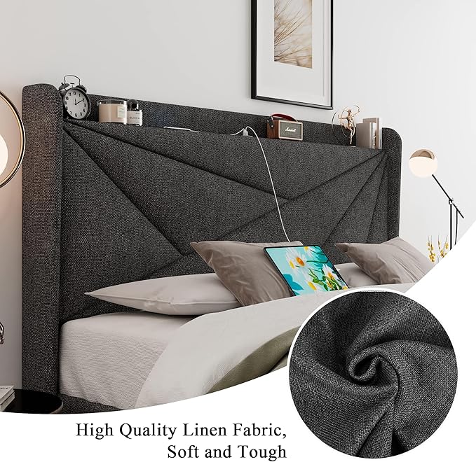 Feonase Queen Size Bed Frame with Charging Station, Linen Platform Bedframe with Wingback Storage Headboard, Solid Wood Slats Support, No Box Spring Needed, Noise Free, Dark Gray