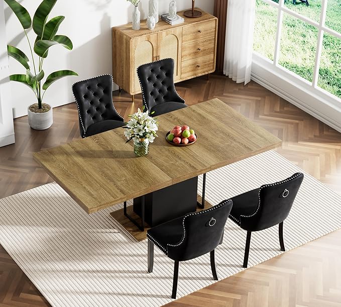 Goujxcy 78.7" Farmhouse Extendable Dining Room Table Set for 4, 5-Piece Rectangle Kitchen Dining Room Table Set with Wood Base and 4 Black Velvet Dining Chairs, Extending Kitchen & Dining Table Set