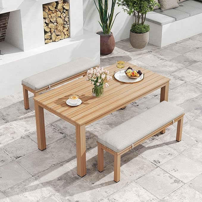 Wisteria Lane Aluminum Patio Dining Sets, 3 Pieces Patio Table Set, Outdoor Dining Table with 2 Bench, Outdoor Patio Dining Furniture Set with Removable Cushion for Lawn, Garden, Backyard, Brown