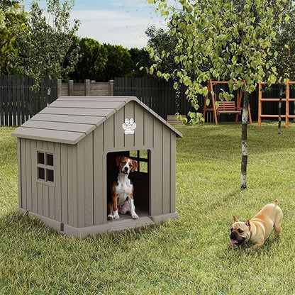 EasyUp Dog House Outdoor Indoor,Dog House Weatherproof Resin Shelter with Air Vents and Elevated Floor for Small Medium Large Dogs,Easy Clean and Assemble(31.18 * 33.7 * 32.52in,Coffee)