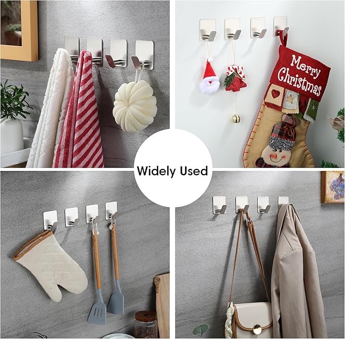 YIGII Adhesive Towel Hooks, 4 Pack Coat Hooks Stainless Steel Stick on Wall Hook for Bathroom/Kitchen, Waterproof Towel Hanger for Robe, Hats