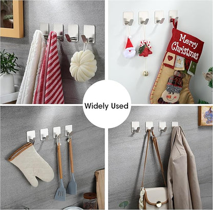 YIGII Adhesive Towel Hooks, 4 Pack Coat Hooks Stainless Steel Stick on Wall Hook for Bathroom/Kitchen, Waterproof Towel Hanger for Robe, Hats