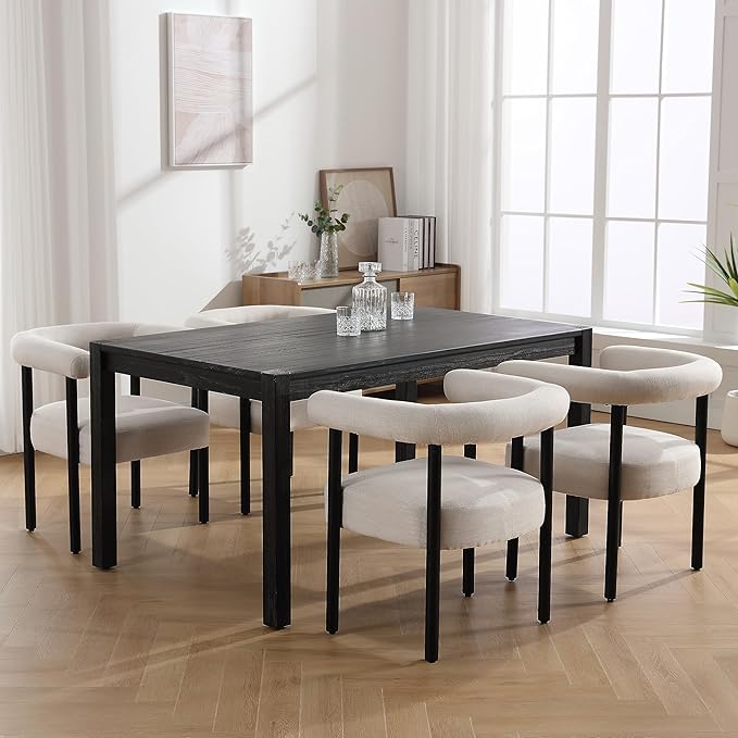 Beige Linen Dining Chairs Set of 2, Modern Upholstered Curved Backrest Kitchen Dining Room Chairs Accent Armchairs with Black Wood Legs, Beige Linen