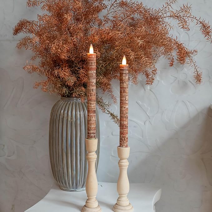 Flameless Taper Candles Flickering with Remote and Timer, 3D Moving Flame Taper Candle Battery Operated to 400 Hours, 9 Inch Window Candles, (Palm Bark)
