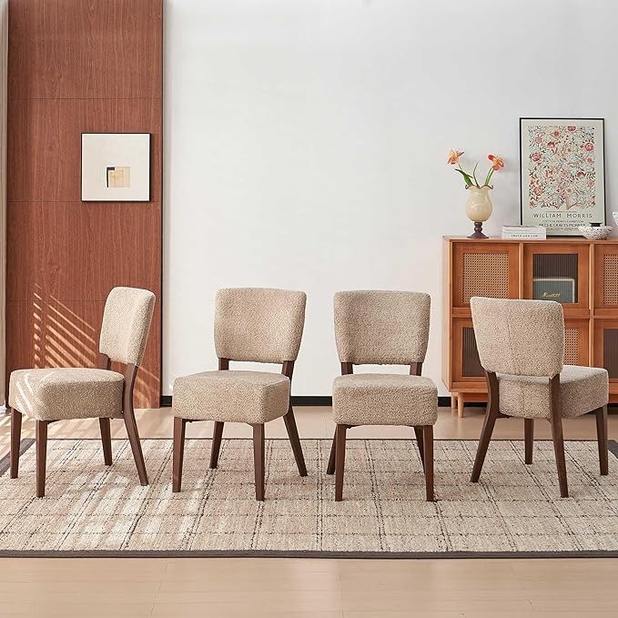 Howtek Modern Dining Chairs Set of 4 with 6.3" Thick Seat Cushions, Space-Saving Stackable Upholstered Kitchen Chairs, Ergonomic Backrest & Wood Grain Metal Legs, Brown