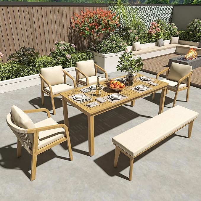 Wisteria Lane 6 Pieces Acacia Patio Dining Set for 6, Patio Dining Table and Chairs Set with Cushion, Modern Outdoor Dining Furniture Set for Garden Lawn Deck Backyard, Beige