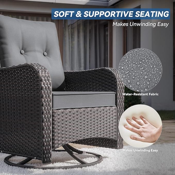 Kurapika 5 Pieces Patio Furniture Set, Rattan Wicker Outdoor Conversation Sets, 4 Woven Rattan Swivel Chairs w/48in Propane Fire Pit Table and Thickened Cushions, Grey