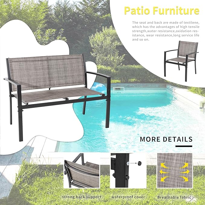 Shintenchi 4 Pieces Patio Furniture Set All Weather Textile Fabric Outdoor Conversation Set, with Glass Coffee Table, Loveseat, 2 Single Chairs for Home, Garden, Lawn, Porch（Tan）