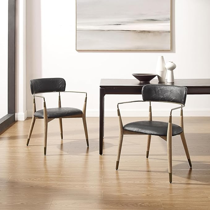 Art Leon Dining Chairs Set of 4 - Mid Century Modern Dining Room Chairs, Faux Leather Upholstered Accent Arm Chair with Open Backrest, Wishbone Chair with Wood Legs, Black, CC084