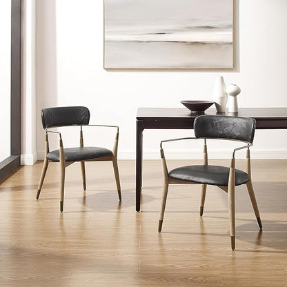 Art Leon Dining Chairs Set of 4 - Mid Century Modern Dining Room Chairs, Faux Leather Upholstered Accent Arm Chair with Open Backrest, Wishbone Chair with Wood Legs, Black, CC084