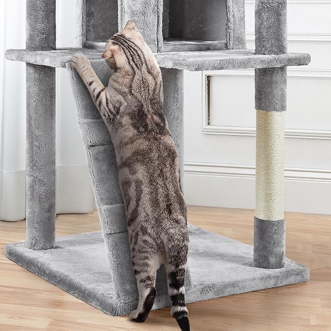 Yaheetech Tall Cat Tree, 80in Multi-Level Cat Tower with Scratching Posts, Double Caves, Perched Platforms and Dangling Balls, Pet Stand House for Kittens, Light Gray