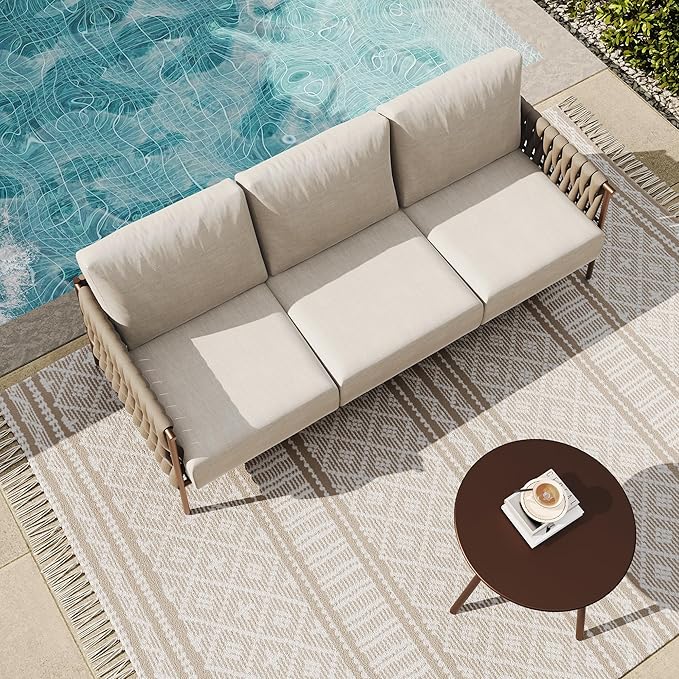 East Oak Life Chatter Outdoor Patio Furniture | Outdoor Sofa 3 Seats with Waterproof Thick Cushions | Deep Seating Modern Patio Sofa for Garden, Porch, Balcony & Backyard | Chestnut & Apricot