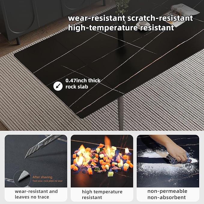 Extendable Dining Table (62.9" to 94.4") for 6 to 10 - Modern Rectangular Sintered Stone Table with High Hardness and Easy Maintenance - Stylish Black