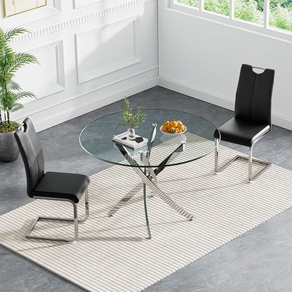 Goujxcy 3 Pieces Round Dining Table Set for 2, Modern Silver Glass Kitchen Table and Chairs for 2 with Upholstered Chairs, Circle Coffee Dining Table Set for Small Space,Apartment,Office