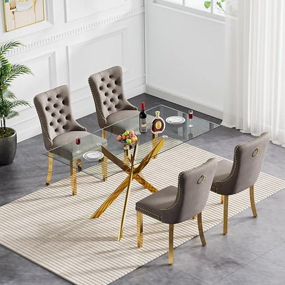 Goujxcy 5 Piece Glass Dining Table Set Modern Glass Dining Table Set for 4, 51" Rectangular Kitchen Table and 4 Velvet Upholstered Chairs for Kitchen Dining Room, Gold Table & Grey Chair