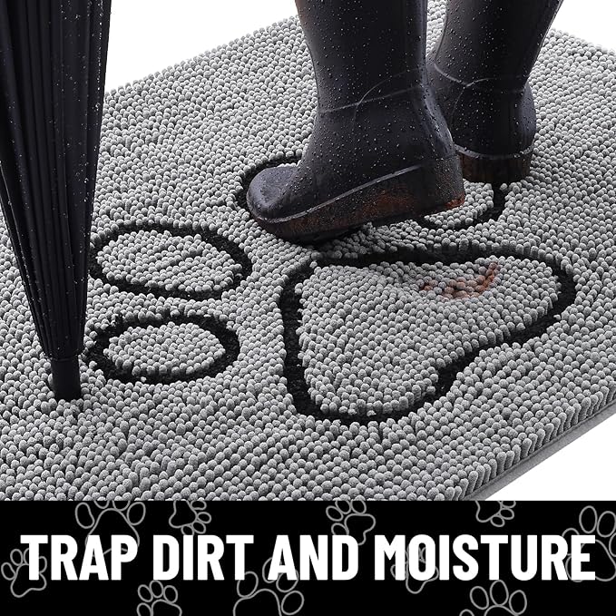 Smiry Dog Door Mat for Muddy Paws, Absorbent Dirt Trapper Non Slip Quick Dry Washable Chenille Mat for Mud Dogs, Entry Rug for Indoor and Outdoor (30x20 Inches, Grey)