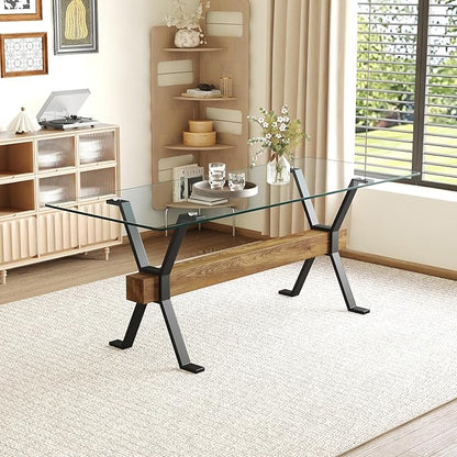79" Glass Dining Table, Modern Kitchen Table, Modern Dining Table for 8, 0.4" Thick Tempered Glass Tabletop with Matte Black Metal Legs and Wooden Crossbar, Ideal for Dining Room, Kitchen