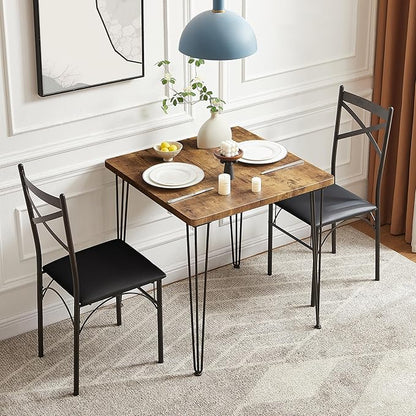 VECELO 3-Piece Dining Table Set for Home Kitchen Small Space Breakfast Nook, 2 Faux Leather Metal Frame Chairs, Classic Brown,Set for 2