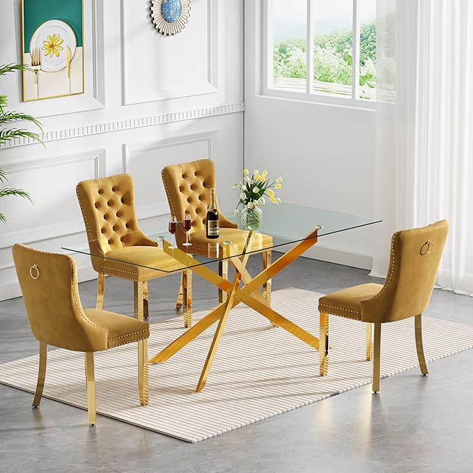 Goujxcy 7 Piece Glass Dining Table Set Modern Glass Dining Table Set for 6, 61" Rectangular Kitchen Table and 6 Velvet Upholstered Chairs, Gold Table & Gold Chair