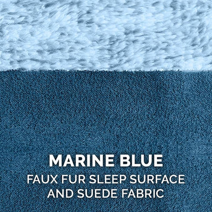 Furhaven Orthopedic Dog Bed for Large/Medium Dogs w/ Removable Bolsters & Washable Cover, For Dogs Up to 55 lbs - Two-Tone Plush Faux Fur & Suede L Shaped Chaise - Marine Blue, Large