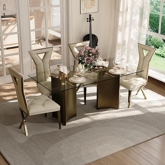 Asday 70 Inch Glass Dining Table with Bronze Base, Rectangular Dining Table for 6 People, Modern Brass Dining Room Table for Kitchen