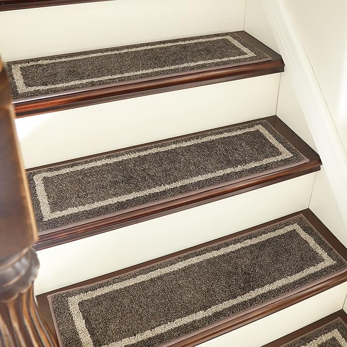 COSY HOMEER Soft Stair Treads Non-Slip Carpet Mat 28inX9in Indoor Stair Runners for Wooden Steps,Stair Rugs for Kids and Dogs, 100% Polyester TPE Backing 7pcs,Brown,Square