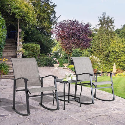 Shintenchi 3 Piece Rocking Bistro Set, Outdoor Furniture with Rocker Chairs and Glass Coffee Table Balcony, Porch Furniture for Small Space, Gray