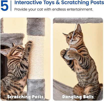 MWPO Extra Large Cat Tree, 77.6-Inch Tall Cat Tower for Indoor Cats with 2 Condos, Multi-Level Cat Stand for Large Cats, 3 Hammocks, Wide Perch, Scratching Posts, Dangling Toys, Light Grey