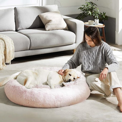Western Home Calming Donut Large Dog Bed Pet Bed,36" Pink | Fluffy Faux Fur Round Cuddler,Anti-Anxiety,Anti-Slip Bottom,Plush Round Pet Dog Beds for Large Sized Dogs,Up to 80 LBS
