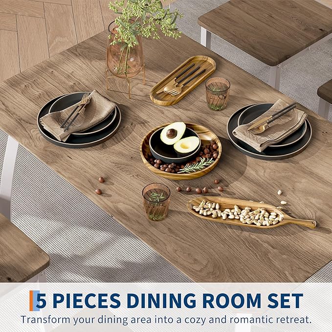 5 Piece Dining Table Set for 4, Space-Saving Kitchen Table with Wooden Seat Chairs, Modern Angled Corner Design, Compact Dinner Set for Small Spaces, Apartment, White & Wood Grain Color