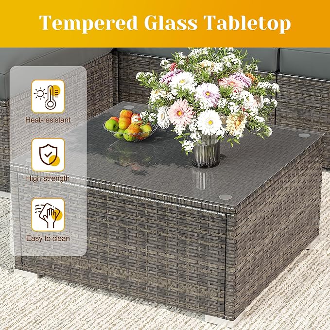 5 Piece Outdoor Patio Sectional Furniture Set, Weather Resistant Rattan Outside Couch, Waterproof Conversation Sofa for Balcony, Porch, Backyard, Deck, Garden, Grey